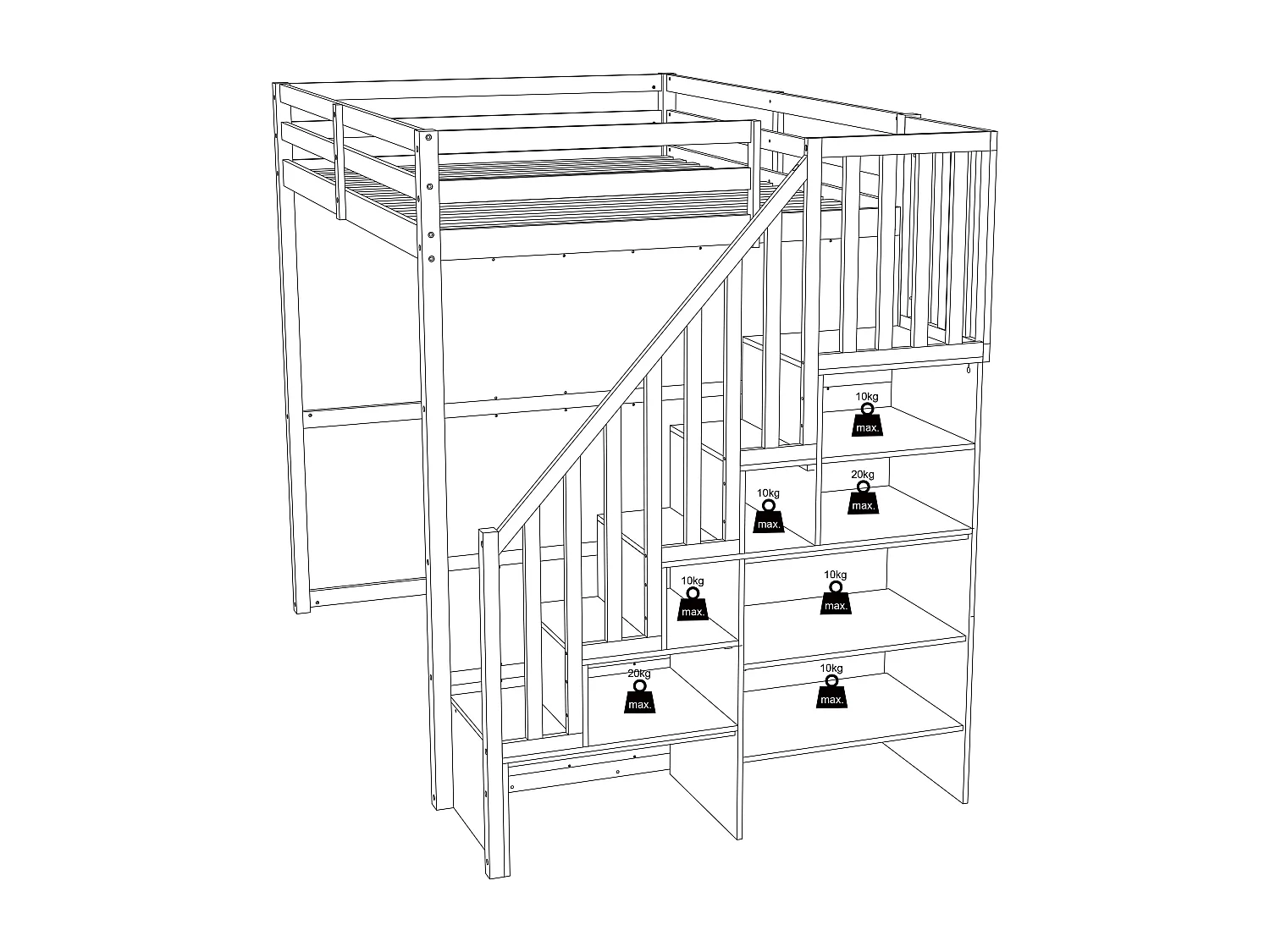 Lit mezzanine 140 x 190 cm - Pin et MDF - Blanc - Avec bureau - MENIZI