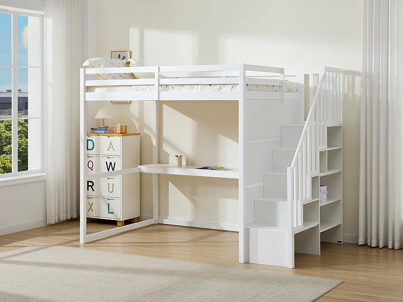 Lit mezzanine 140 x 190 cm - Pin et MDF - Blanc - Avec bureau - MENIZI