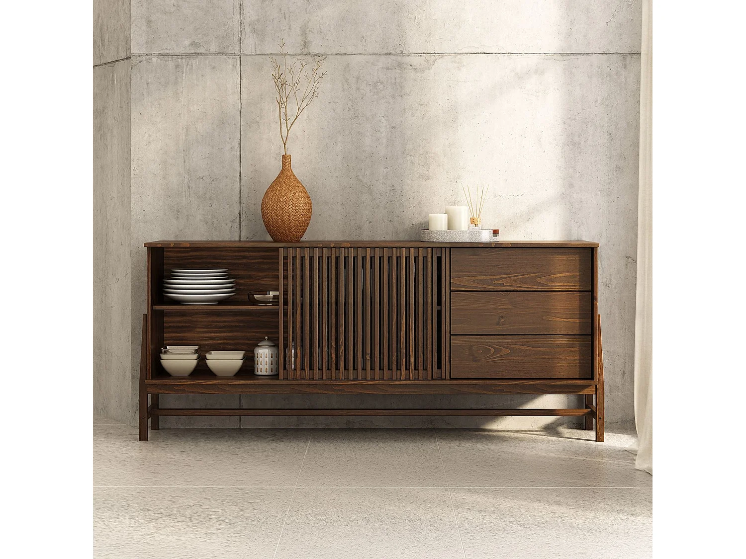 Buffet ADAMO L 175 cm en Bois Massif Couleur Noyer avec 2 Portes Coulissantes, 3 Tiroirs, Design Chaleureux à Lamelles