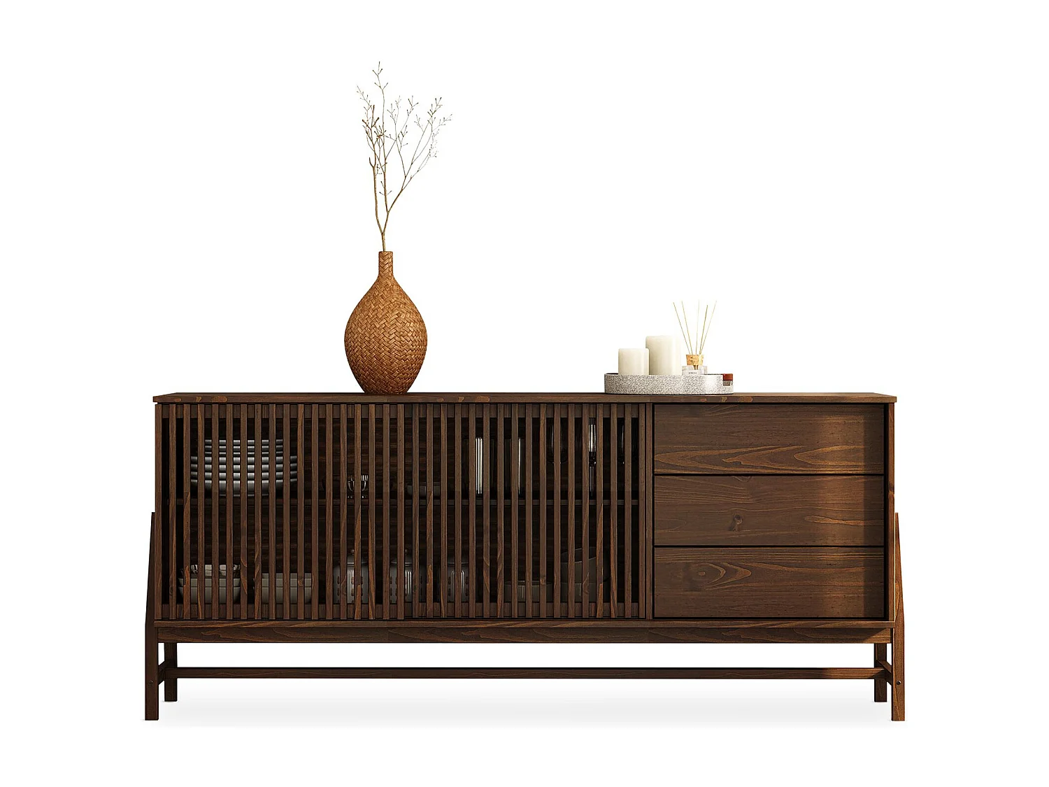 Buffet ADAMO L 175 cm en Bois Massif Couleur Noyer avec 2 Portes Coulissantes, 3 Tiroirs, Design Chaleureux à Lamelles
