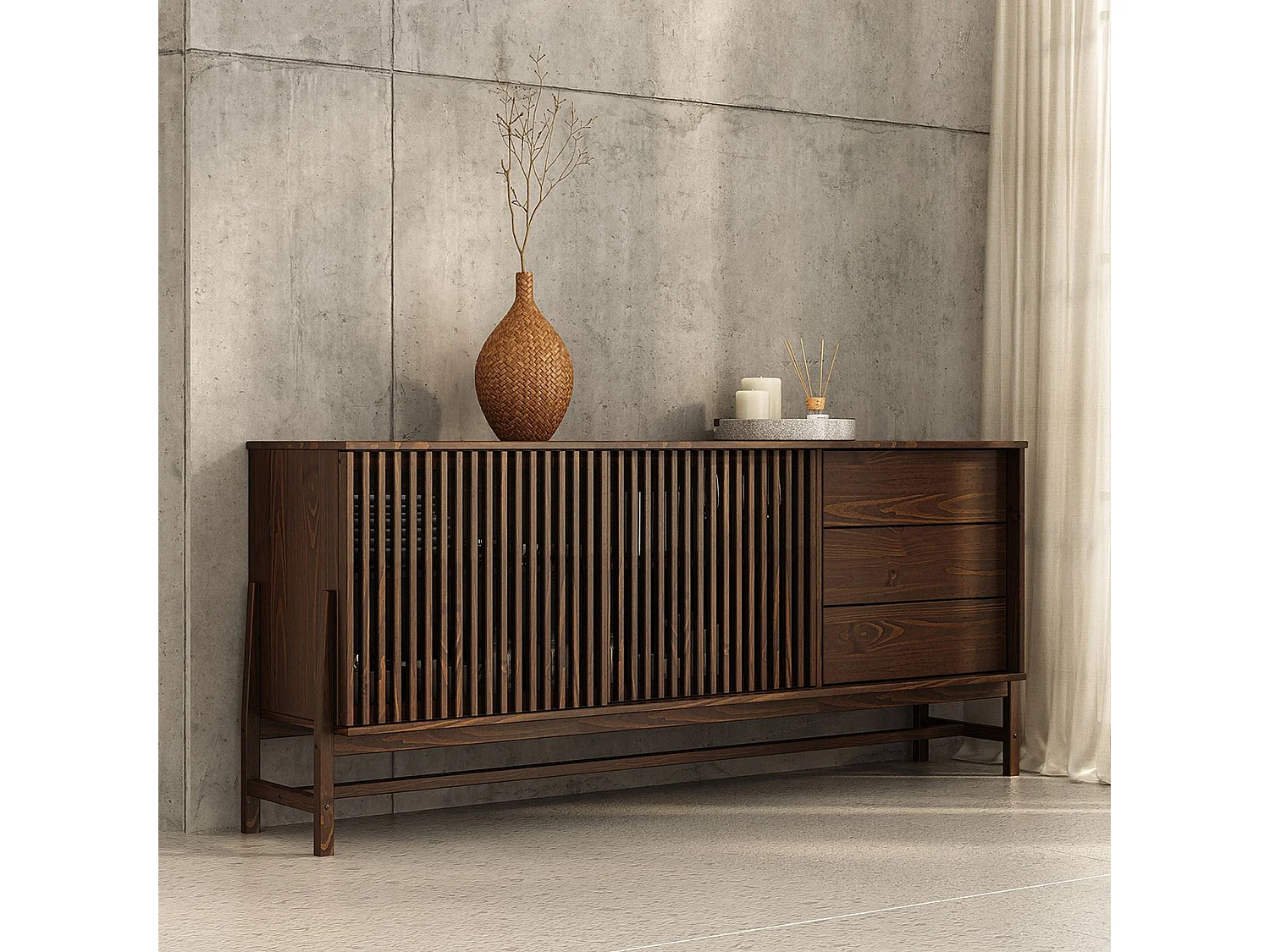 Buffet ADAMO L 175 cm en Bois Massif Couleur Noyer avec 2 Portes Coulissantes, 3 Tiroirs, Design Chaleureux à Lamelles