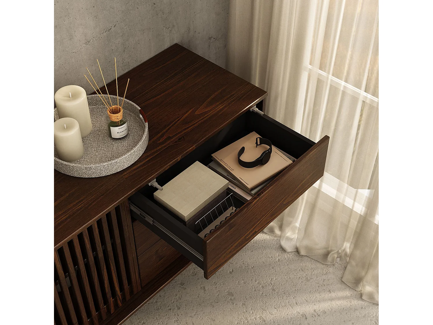 Buffet ADAMO L 175 cm en Bois Massif Couleur Noyer avec 2 Portes Coulissantes, 3 Tiroirs, Design Chaleureux à Lamelles