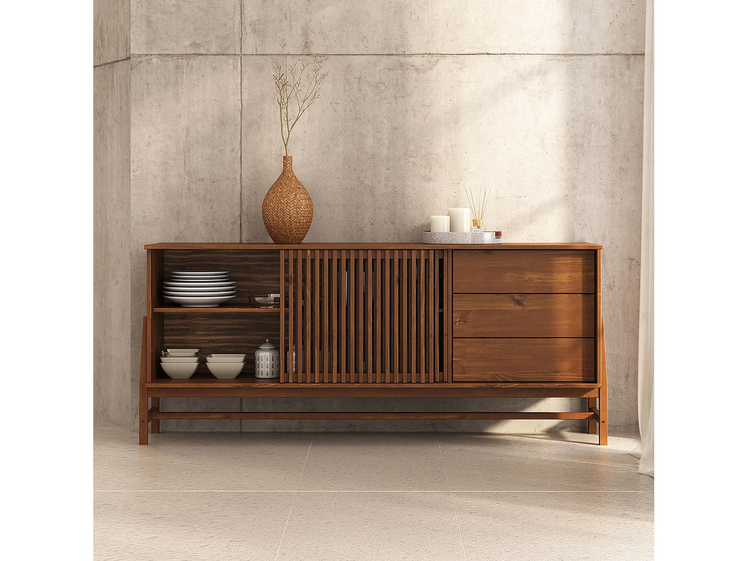 Buffet ADAMO L 175 cm en Bois Massif Couleur Châtaignier avec 2 Portes Coulissantes, 3 Tiroirs, Design Chaleureux à Lamelles