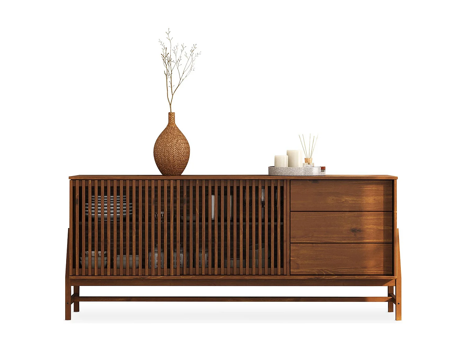 Buffet ADAMO L 175 cm en Bois Massif Couleur Châtaignier avec 2 Portes Coulissantes, 3 Tiroirs, Design Chaleureux à Lamelles