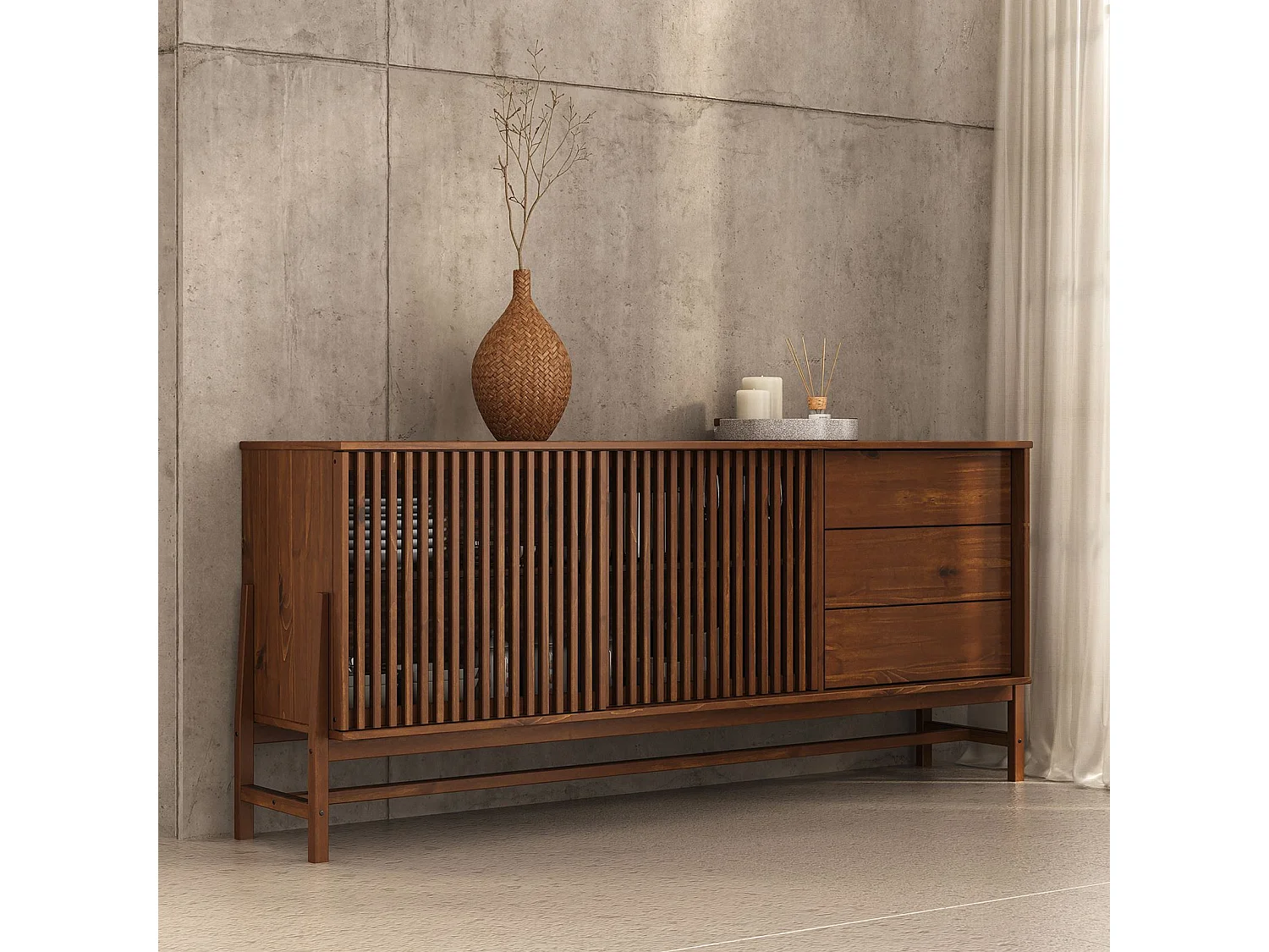 Buffet ADAMO L 175 cm en Bois Massif Couleur Châtaignier avec 2 Portes Coulissantes, 3 Tiroirs, Design Chaleureux à Lamelles