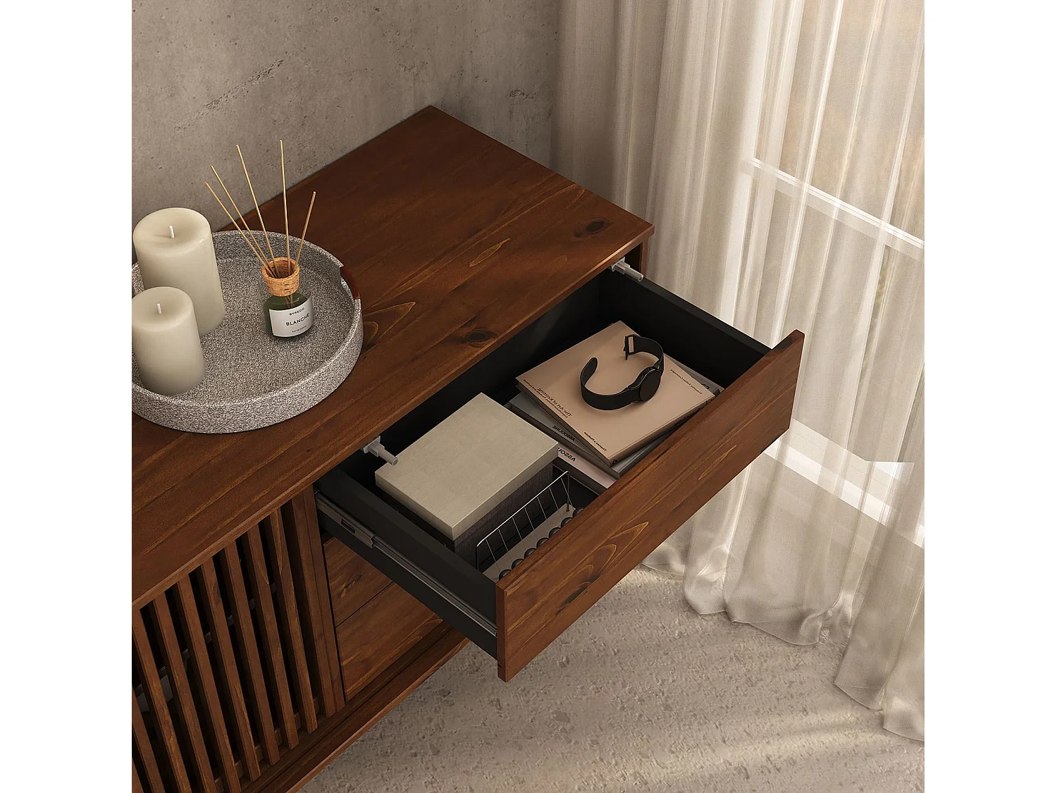 Buffet ADAMO L 175 cm en Bois Massif Couleur Châtaignier avec 2 Portes Coulissantes, 3 Tiroirs, Design Chaleureux à Lamelles