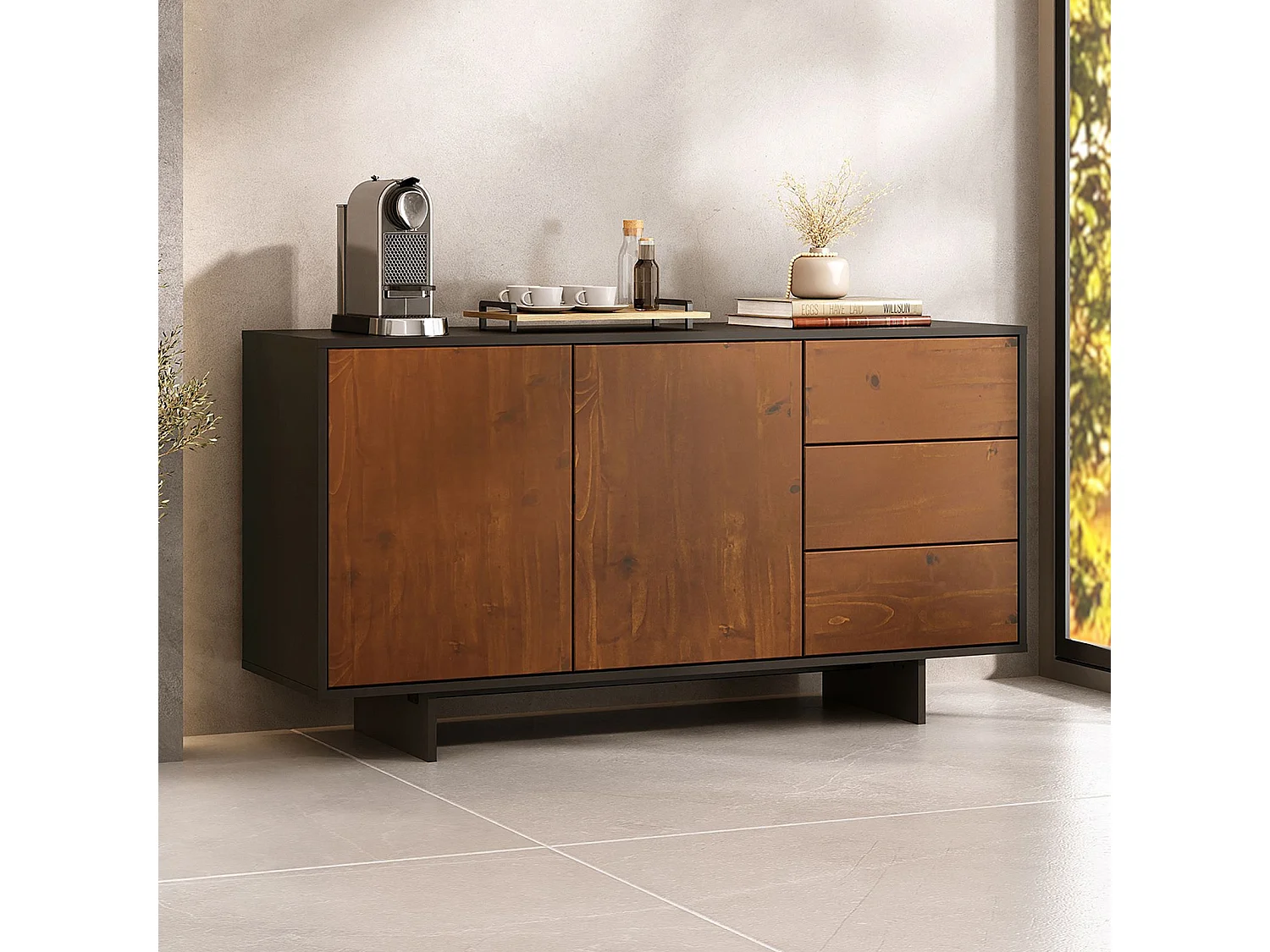 Buffet ARTO L 135 cm 2 Portes et 3 Tiroirs en Bois Massif avec Étagère Réglable, Design Moderne Sans Poignées