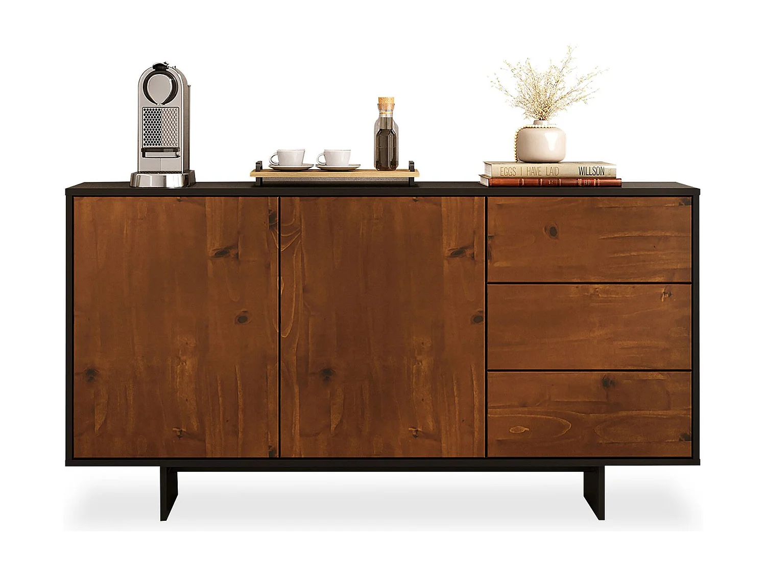 Buffet ARTO L 135 cm 2 Portes et 3 Tiroirs en Bois Massif avec Étagère Réglable, Design Moderne Sans Poignées