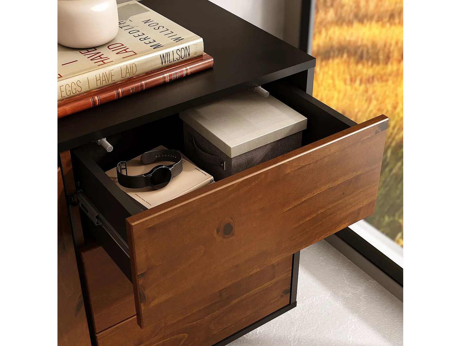 Buffet ARTO L 135 cm 2 Portes et 3 Tiroirs en Bois Massif avec Étagère Réglable, Design Moderne Sans Poignées