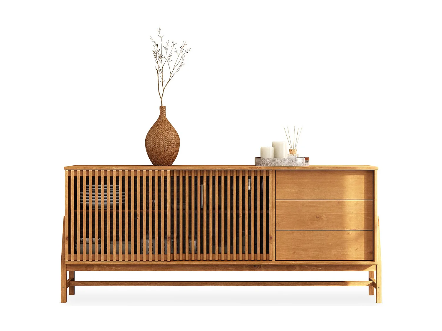Buffet ADAMO L 175 cm en Bois Massif Couleur Chêne avec 2 Portes Coulissantes, 3 Tiroirs, Design Chaleureux à Lamelles