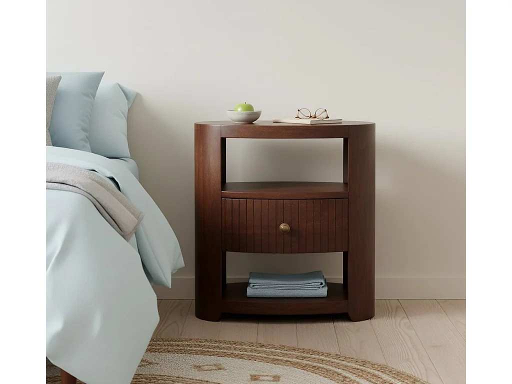 Artisan Furniture Nachttisch Bordeaux aus massivem Mangoholz, 1 Schublade, 2 offene Ablageflächen, dunkelbraun