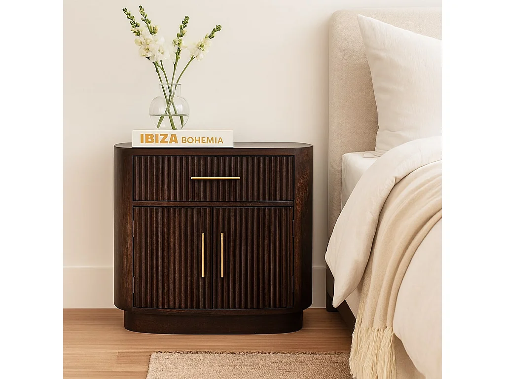 Artisan Furniture Table de chevet Milan en bois massif de manguier, 1 tiroir, 2 portes avec 2 étagères, marron chocolat