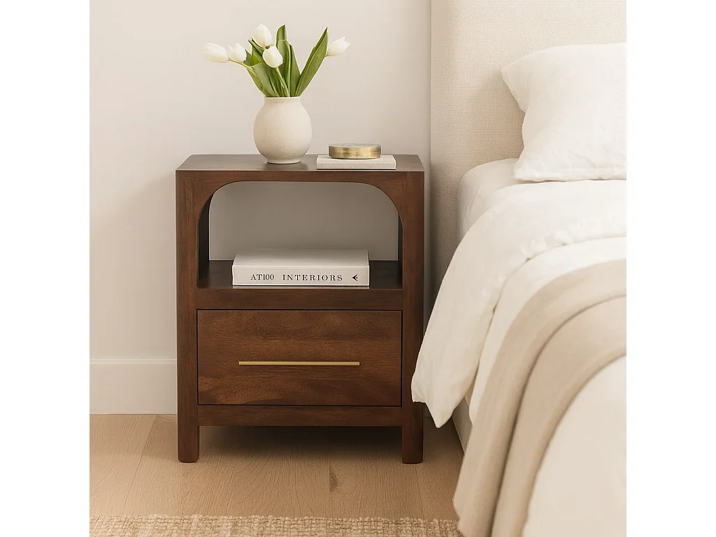 Artisan Furniture Nachttisch Arc-Line aus massivem Mangoholz, 1 Schublade, 1 offene Ablage, warmbraun