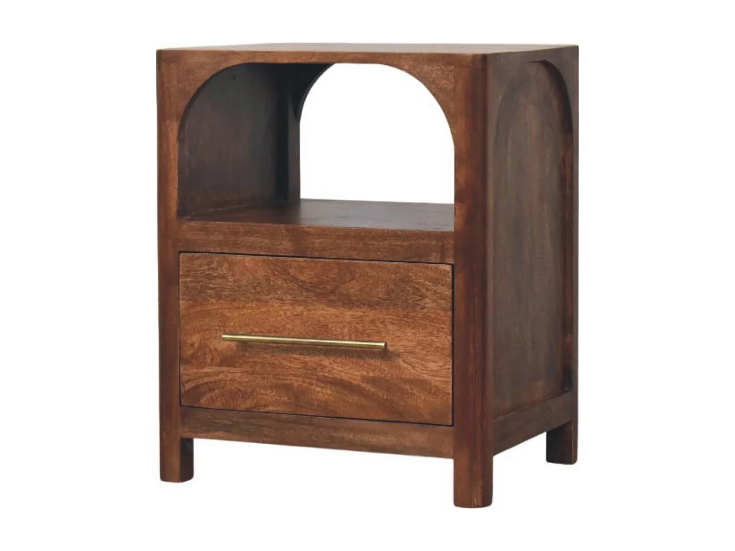Artisan Furniture Nachttisch Arc-Line aus massivem Mangoholz, 1 Schublade, 1 offene Ablage, warmbraun