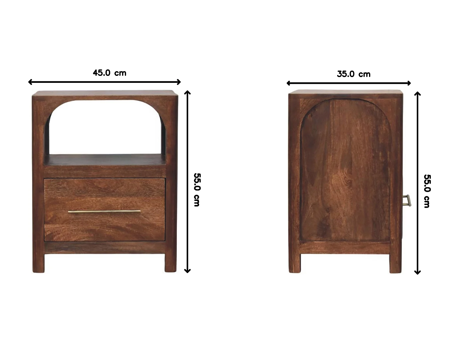Artisan Furniture Nachttisch Arc-Line aus massivem Mangoholz, 1 Schublade, 1 offene Ablage, warmbraun