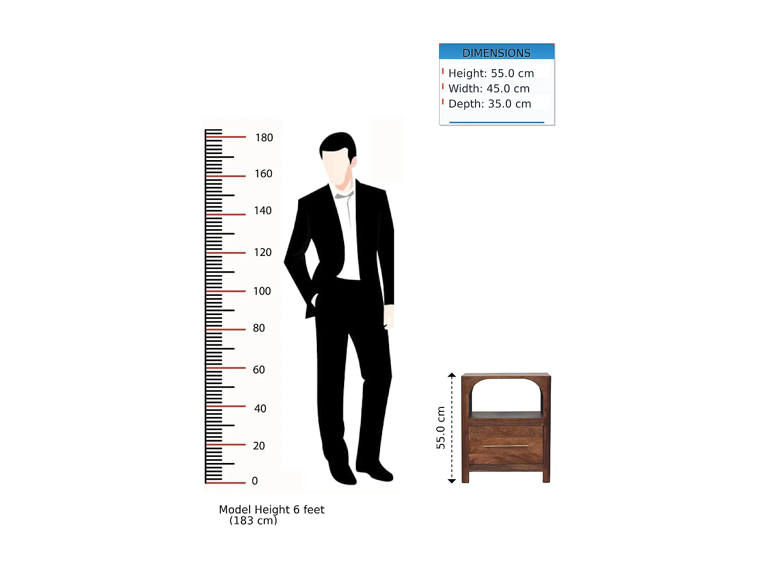 Artisan Furniture Nachttisch Arc-Line aus massivem Mangoholz, 1 Schublade, 1 offene Ablage, warmbraun