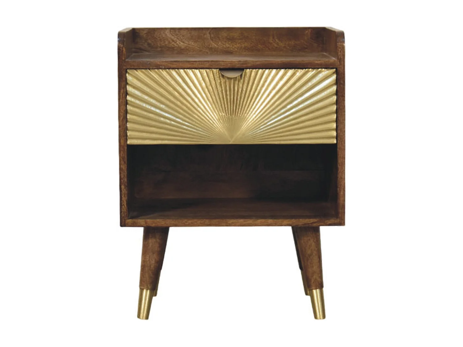 Artisan Furniture Table de chevet en bois massif à motif soleil incrusté de laiton, 1 tiroir, 1 niche ouverte, marron et doré