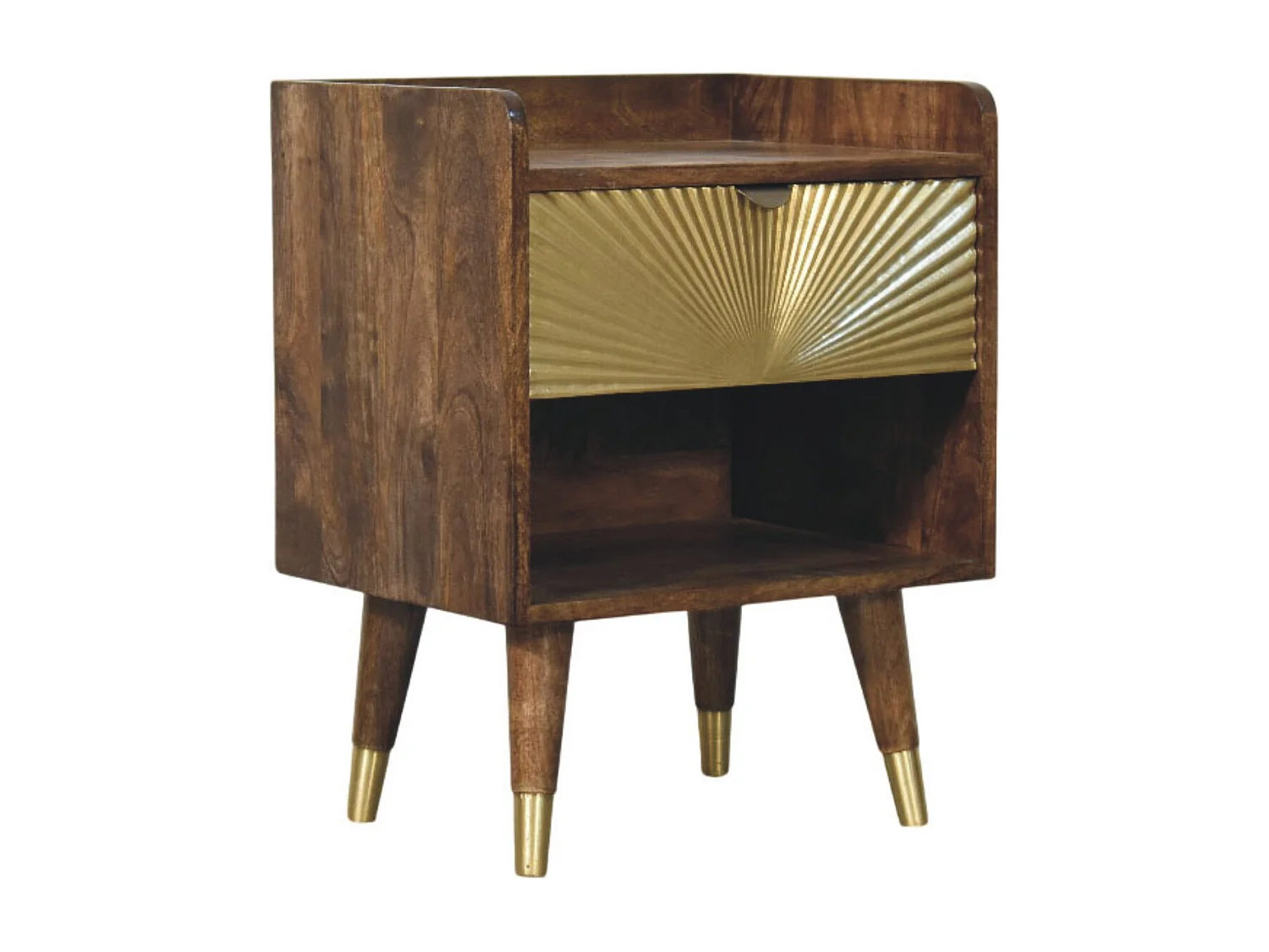 Artisan Furniture Table de chevet en bois massif à motif soleil incrusté de laiton, 1 tiroir, 1 niche ouverte, marron et doré