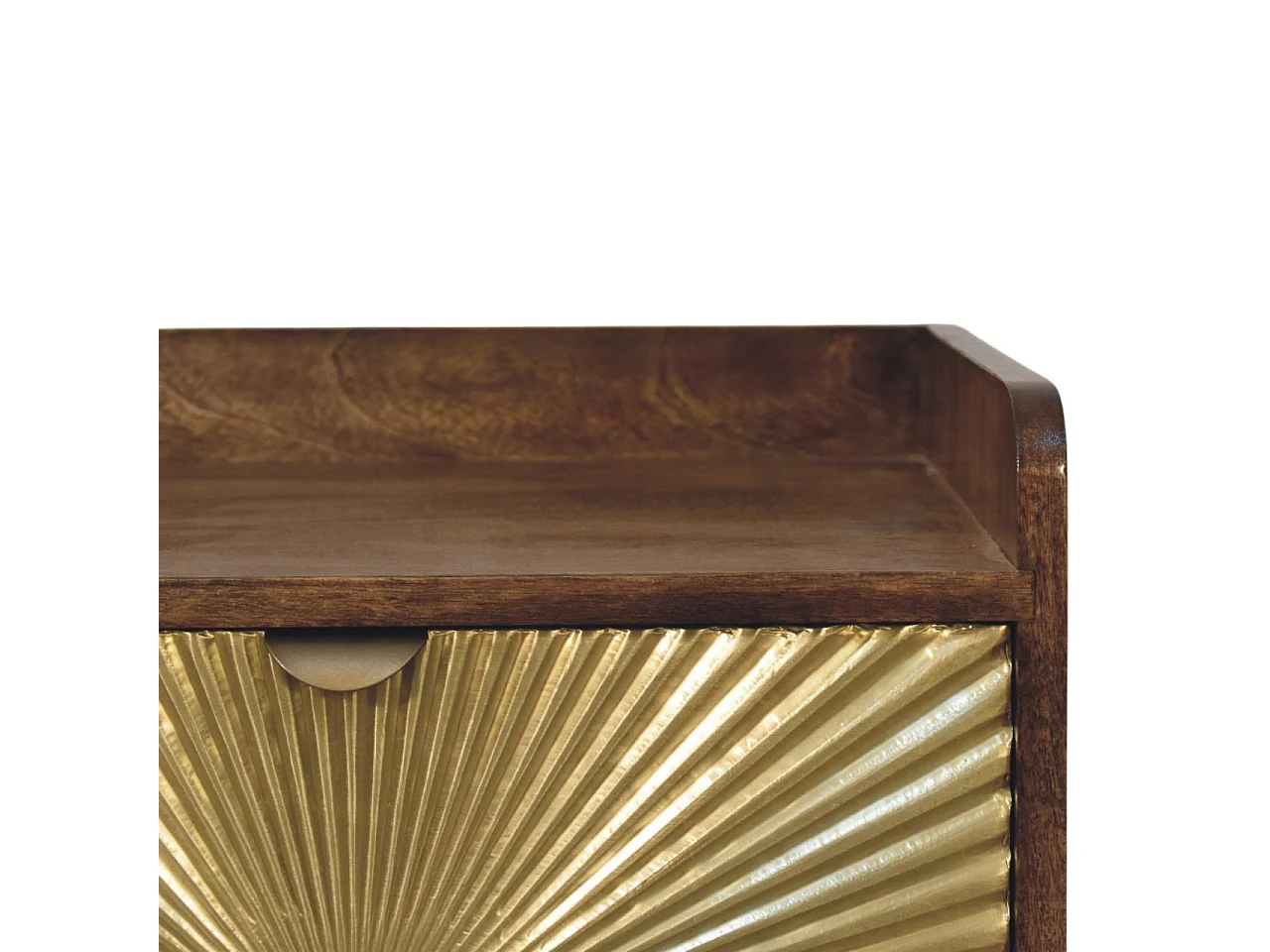 Artisan Furniture Table de chevet en bois massif à motif soleil incrusté de laiton, 1 tiroir, 1 niche ouverte, marron et doré