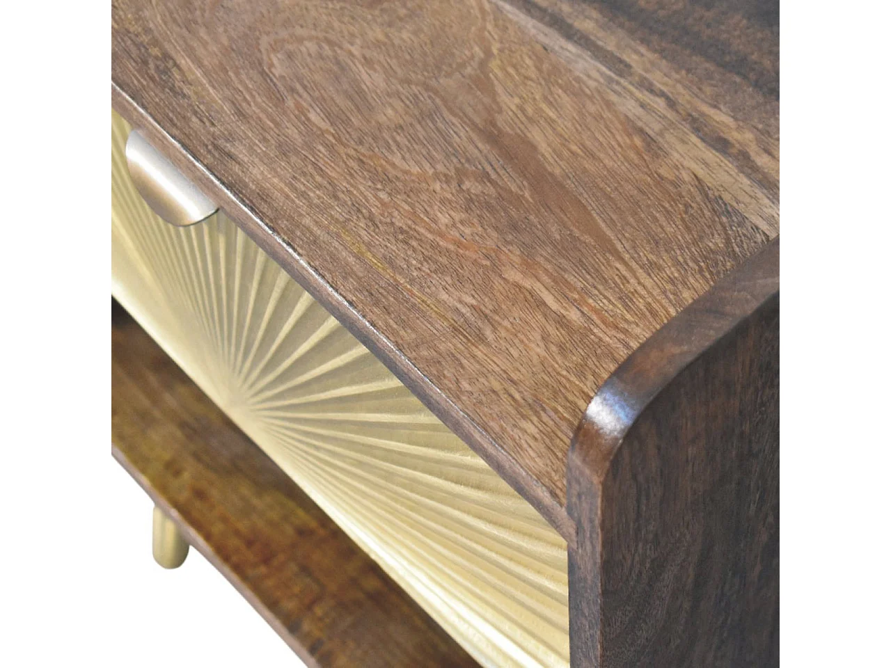 Artisan Furniture Table de chevet en bois massif à motif soleil incrusté de laiton, 1 tiroir, 1 niche ouverte, marron et doré