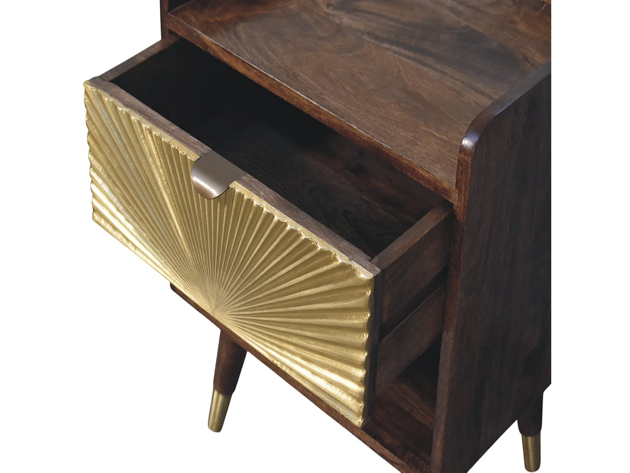 Artisan Furniture Table de chevet en bois massif à motif soleil incrusté de laiton, 1 tiroir, 1 niche ouverte, marron et doré