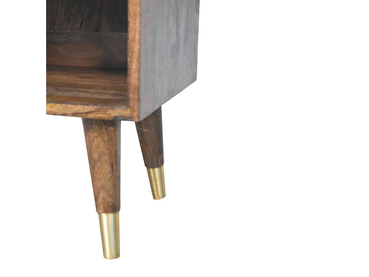 Artisan Furniture Table de chevet en bois massif à motif soleil incrusté de laiton, 1 tiroir, 1 niche ouverte, marron et doré