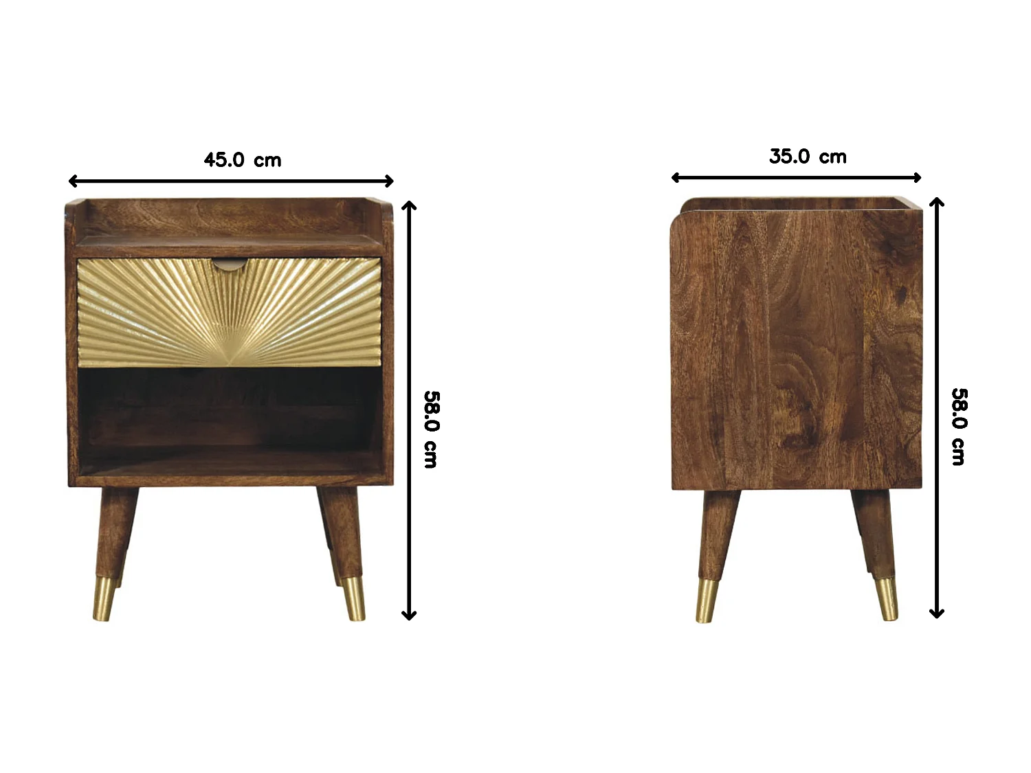 Artisan Furniture Table de chevet en bois massif à motif soleil incrusté de laiton, 1 tiroir, 1 niche ouverte, marron et doré
