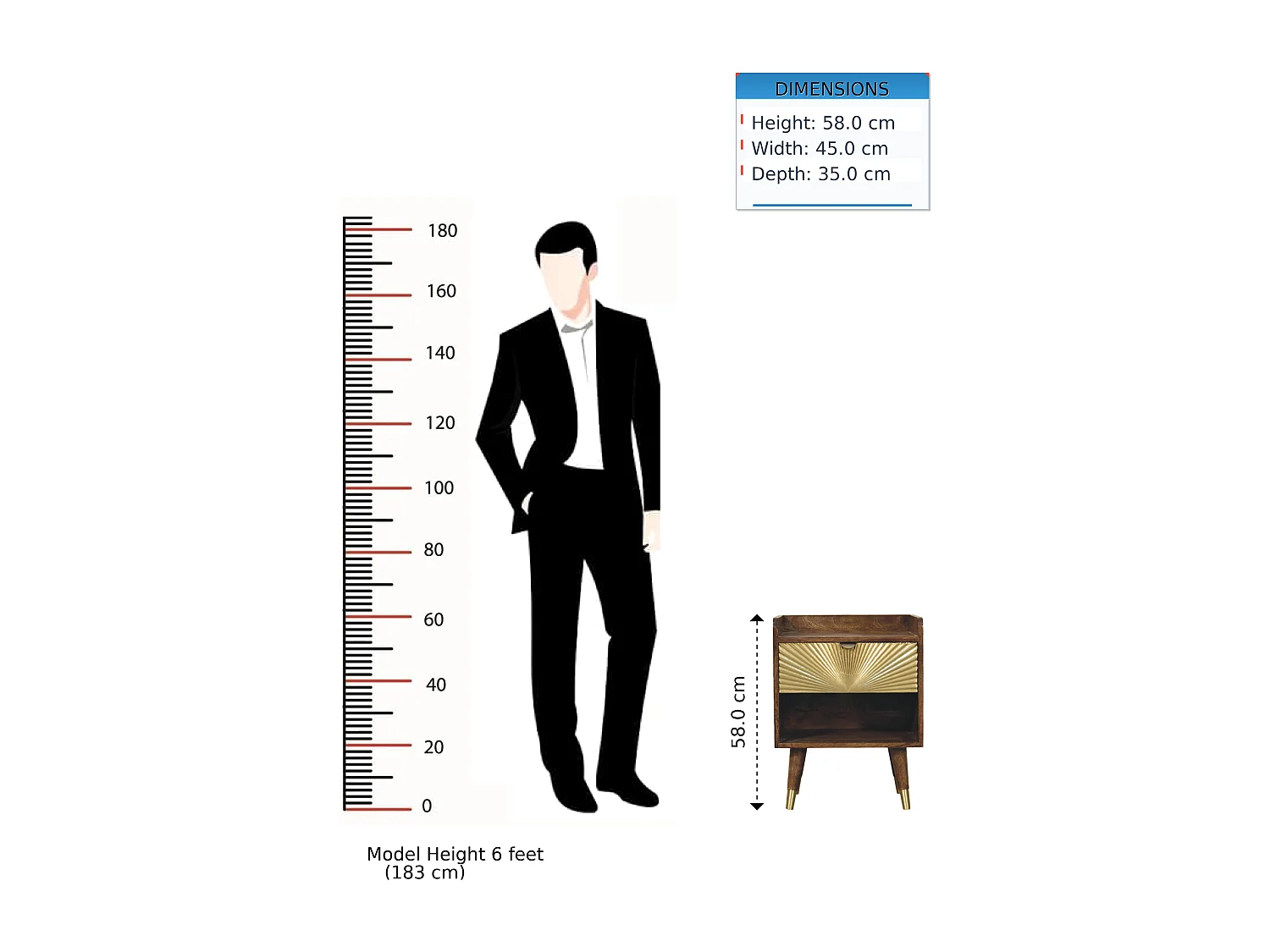 Artisan Furniture Table de chevet en bois massif à motif soleil incrusté de laiton, 1 tiroir, 1 niche ouverte, marron et doré