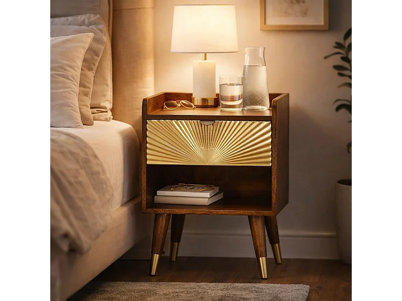 Artisan Furniture Table de chevet en bois massif à motif soleil incrusté de laiton, 1 tiroir, 1 niche ouverte, marron et doré