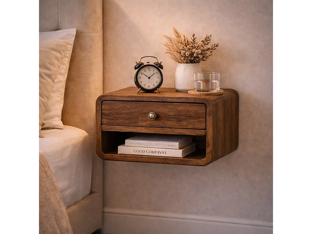 Artisan Furniture Table de chevet arrondie en bois massif de manguier, 1 tiroir, 1 niche ouverte, marron foncé