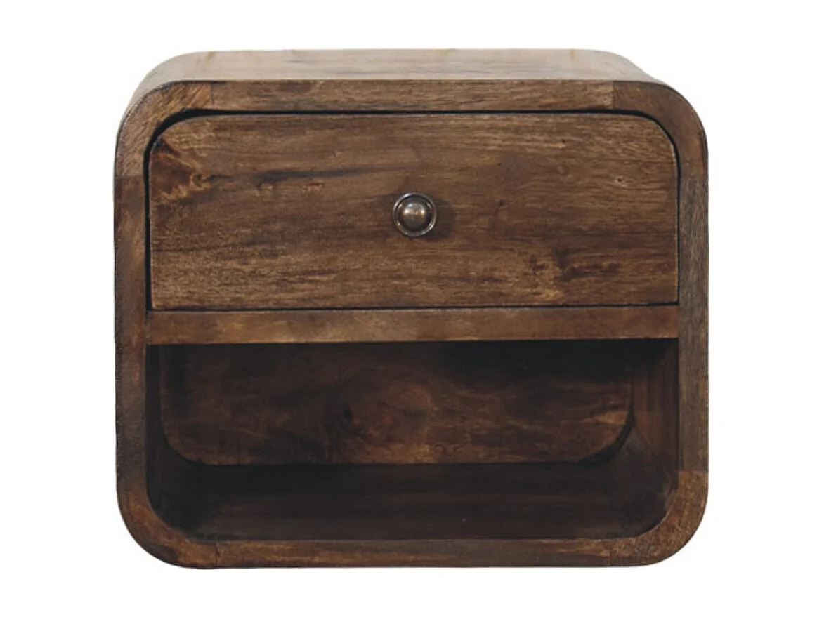 Artisan Furniture Table de chevet arrondie en bois massif de manguier, 1 tiroir, 1 niche ouverte, marron foncé