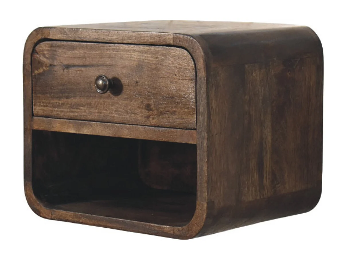 Artisan Furniture Table de chevet arrondie en bois massif de manguier, 1 tiroir, 1 niche ouverte, marron foncé