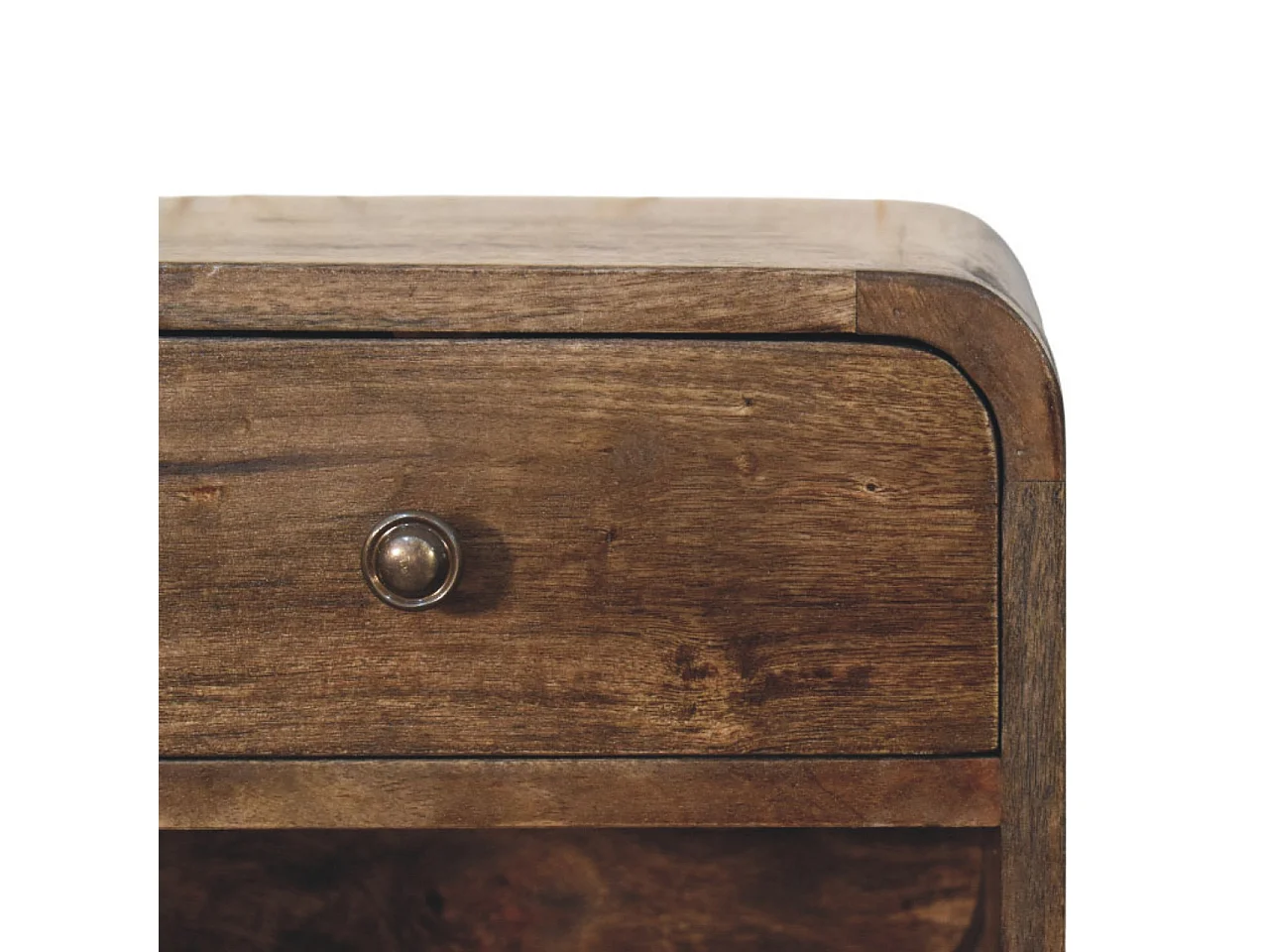 Artisan Furniture Table de chevet arrondie en bois massif de manguier, 1 tiroir, 1 niche ouverte, marron foncé