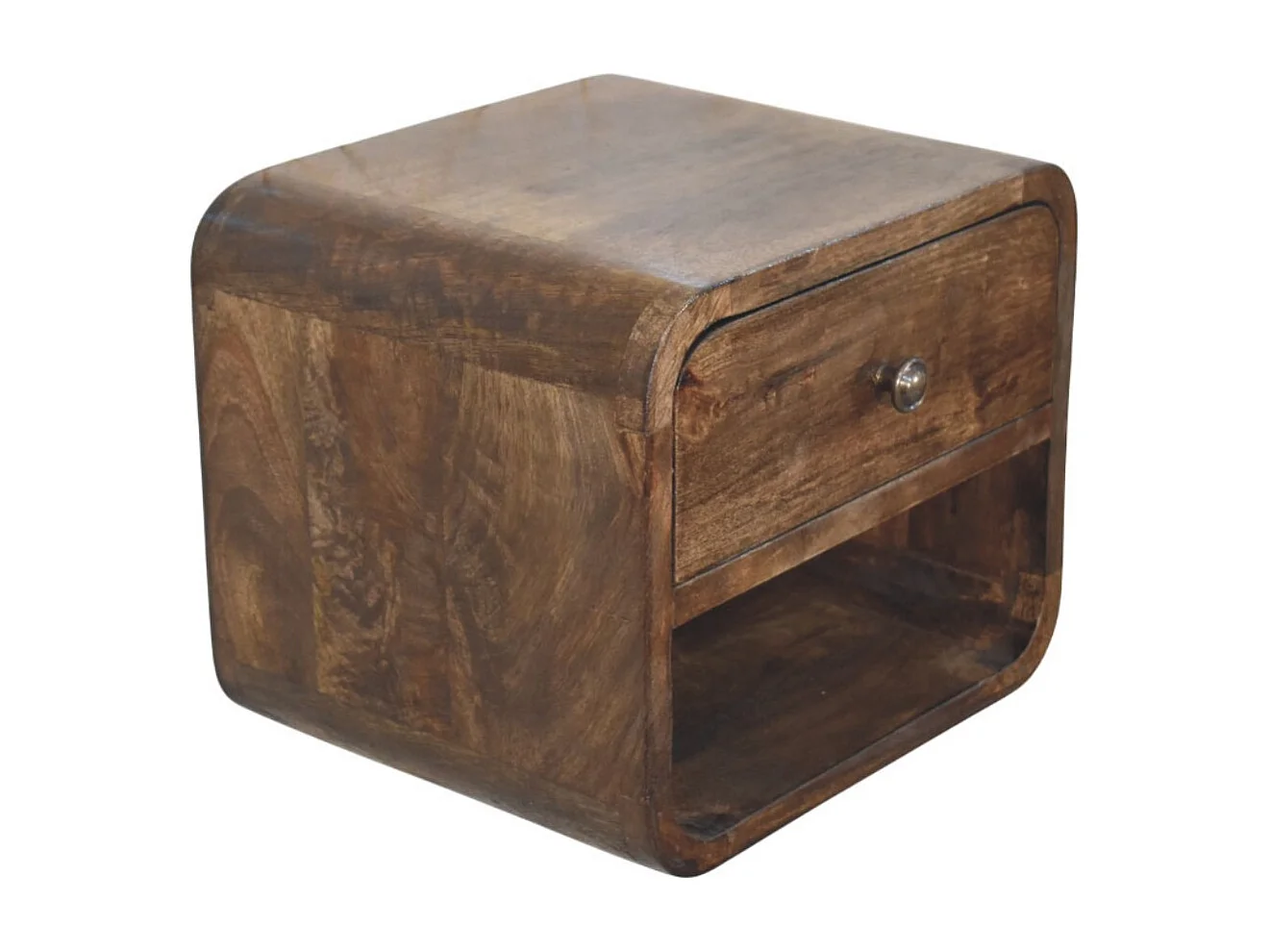 Artisan Furniture Table de chevet arrondie en bois massif de manguier, 1 tiroir, 1 niche ouverte, marron foncé