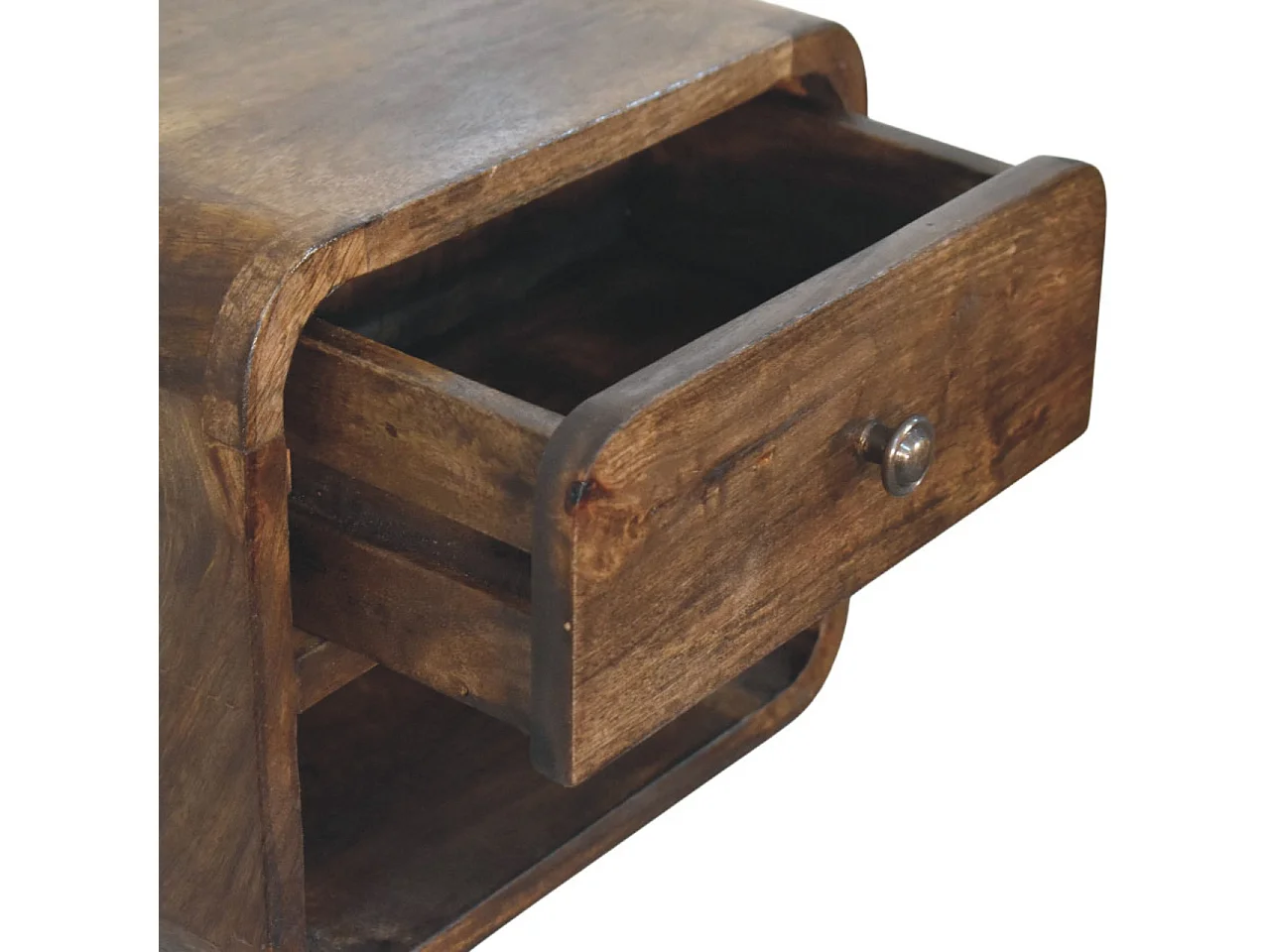 Artisan Furniture Table de chevet arrondie en bois massif de manguier, 1 tiroir, 1 niche ouverte, marron foncé