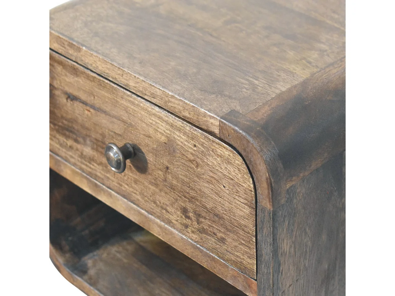 Artisan Furniture Table de chevet arrondie en bois massif de manguier, 1 tiroir, 1 niche ouverte, marron foncé