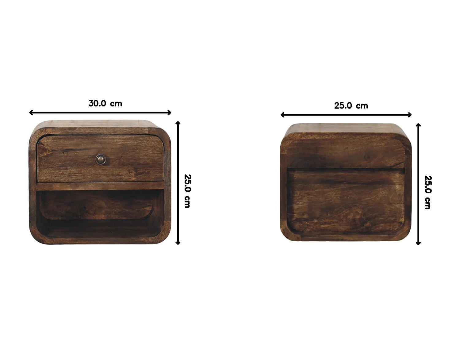 Artisan Furniture Table de chevet arrondie en bois massif de manguier, 1 tiroir, 1 niche ouverte, marron foncé
