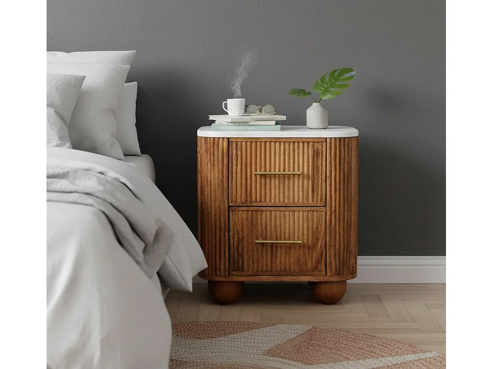 Artisan Furniture Nachttisch Unurorun aus Massivholz mit Marmorplatte, 2 Schubladen, weiß und braun