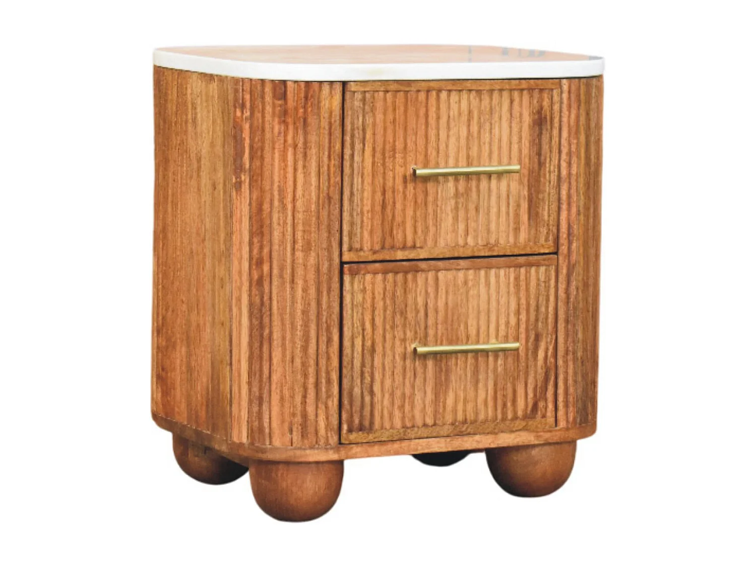 Artisan Furniture Nachttisch Unurorun aus Massivholz mit Marmorplatte, 2 Schubladen, weiß und braun