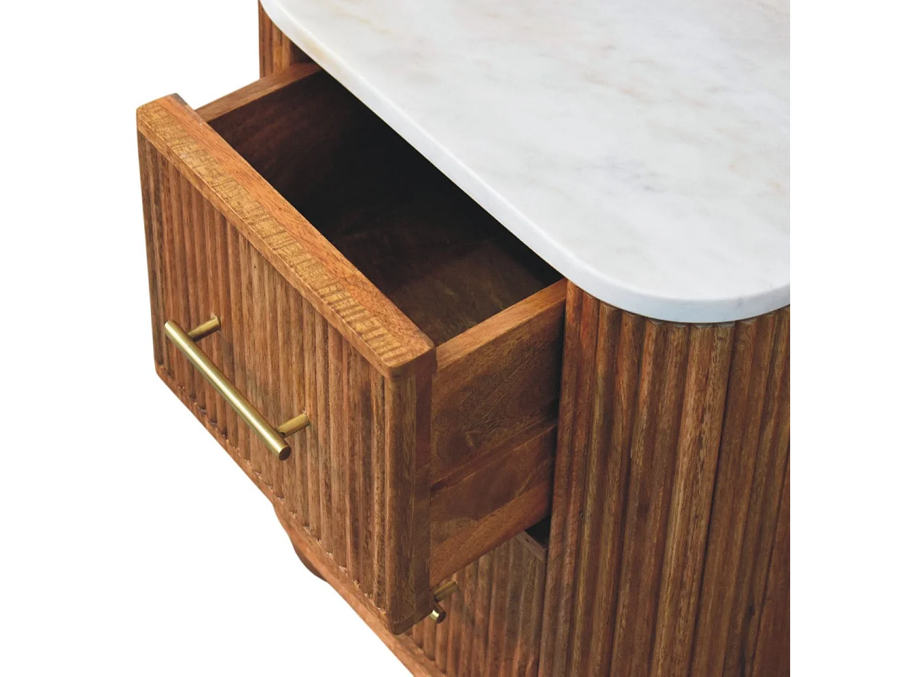 Artisan Furniture Nachttisch Unurorun aus Massivholz mit Marmorplatte, 2 Schubladen, weiß und braun