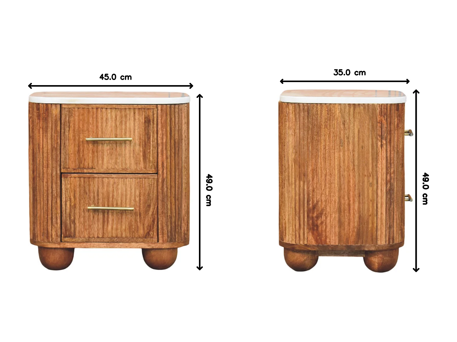 Artisan Furniture Nachttisch Unurorun aus Massivholz mit Marmorplatte, 2 Schubladen, weiß und braun