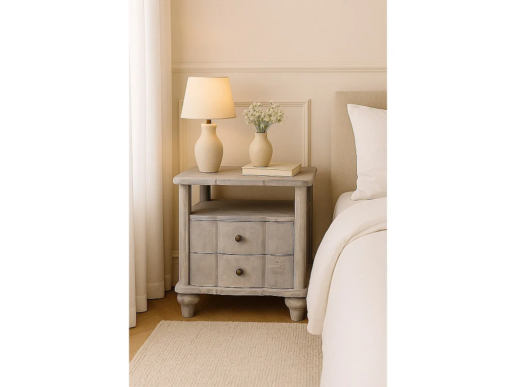 Artisan Furniture Table de chevet Luciun en bois massif, 2 tiroirs, 1 étagère ouverte, gris et marron