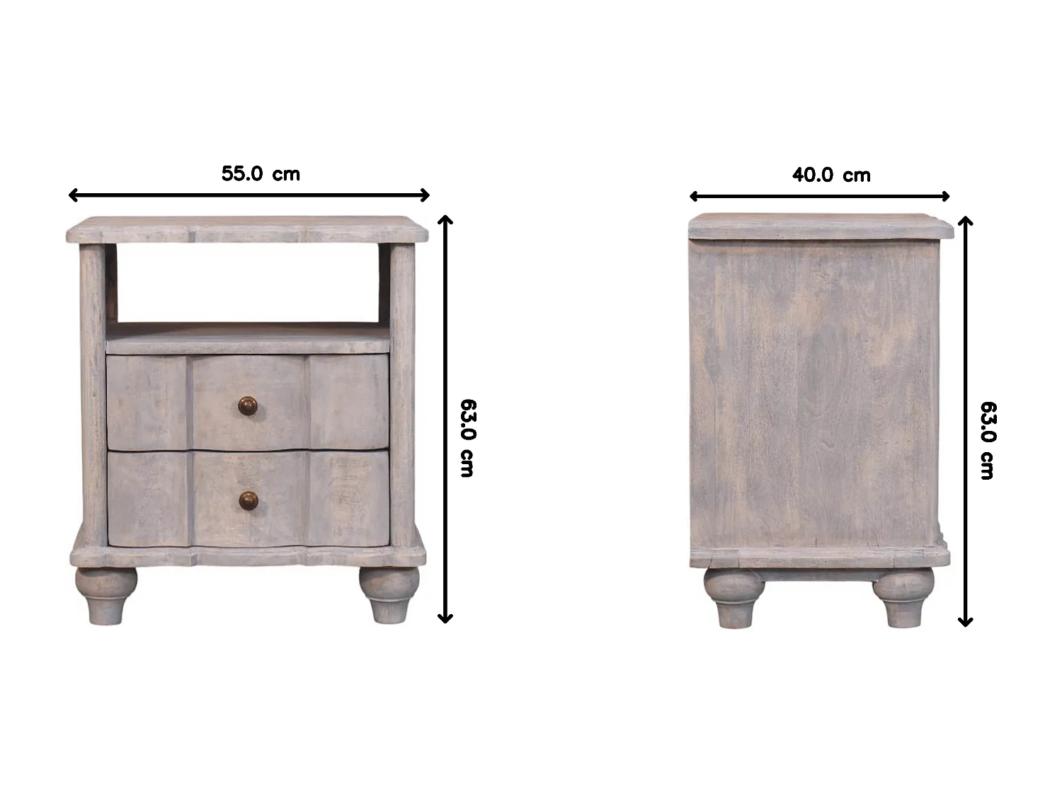 Artisan Furniture Table de chevet Luciun en bois massif, 2 tiroirs, 1 étagère ouverte, gris et marron