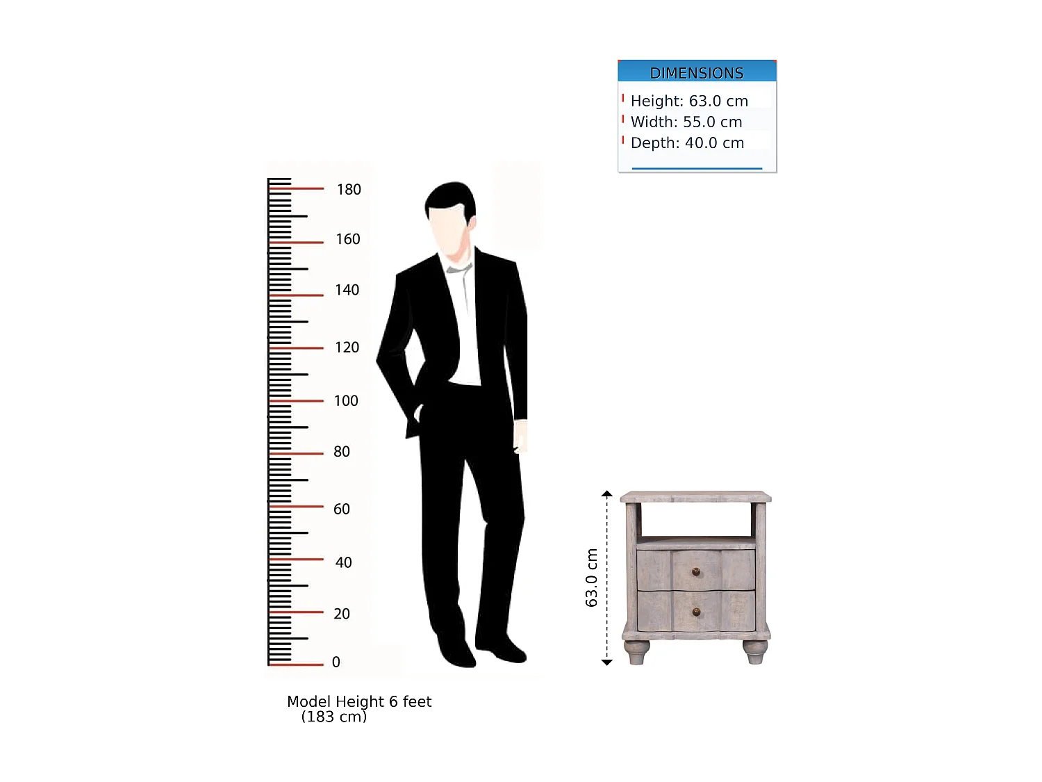 Artisan Furniture Table de chevet Luciun en bois massif, 2 tiroirs, 1 étagère ouverte, gris et marron