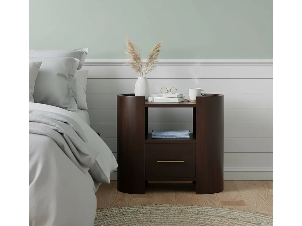 Artisan Furniture Nachttisch Vunlenciun aus Massivholz, 1 Schublade, 1 offenes Regal, dunkelbraun