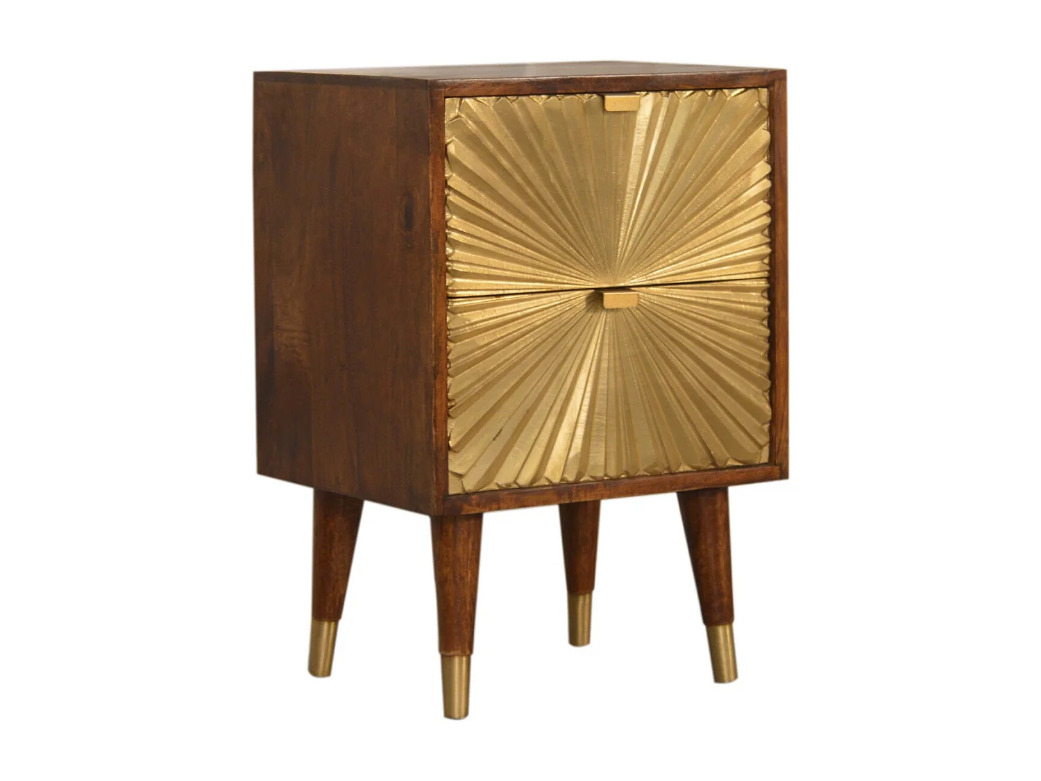 Artisan Furniture Table de chevet Manilla Gold en bois massif de manguier, 2 tiroirs plaqués laiton, doré et marron