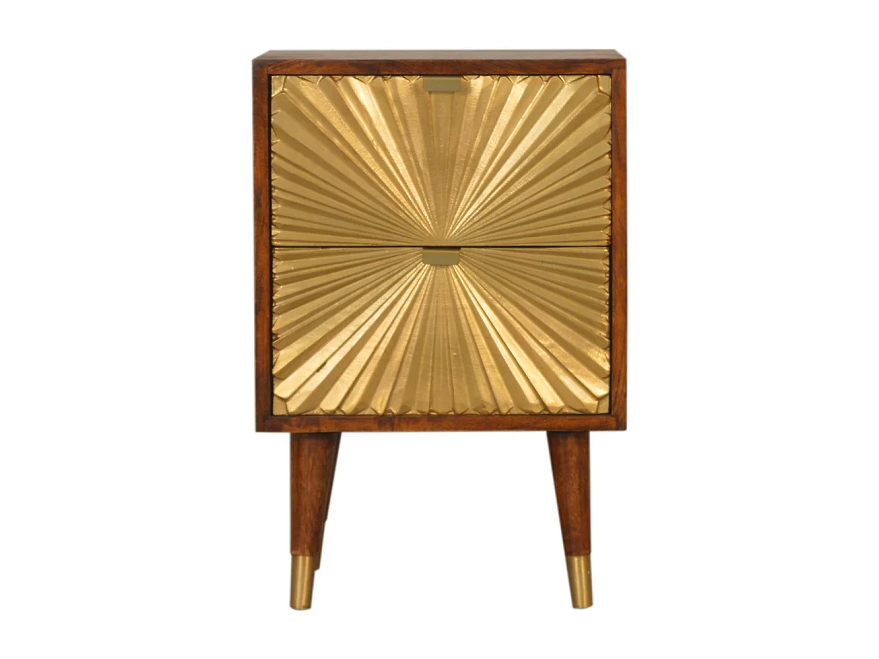 Stolik nocny Artisan Furniture Manilla Gold wykonany z litego drewna mango, z 2 szufladami i fornirem w kolorze mosiądzu, złota i brązu.