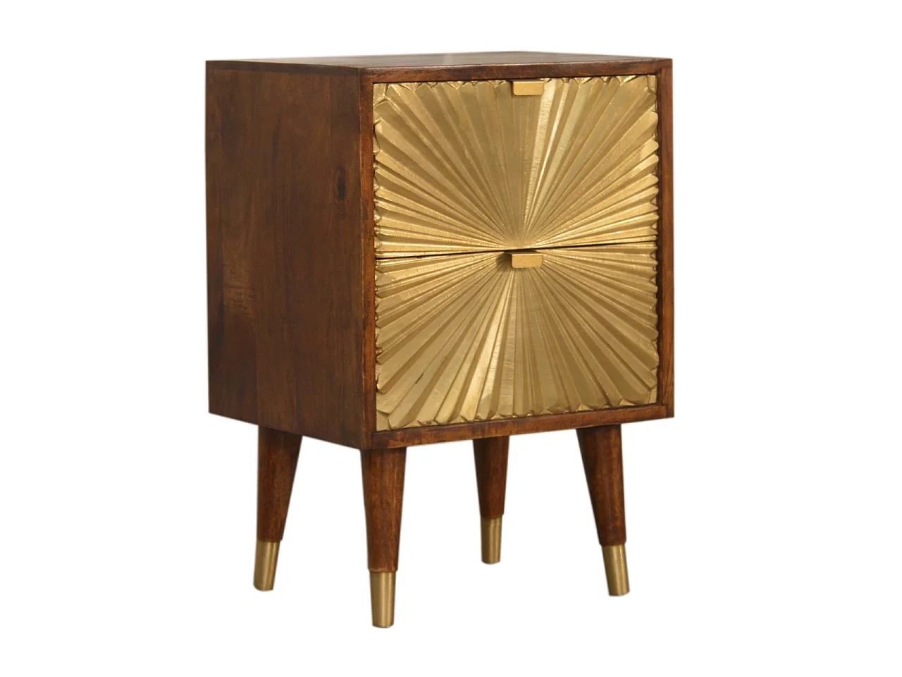 Stolik nocny Artisan Furniture Manilla Gold wykonany z litego drewna mango, z 2 szufladami i fornirem w kolorze mosiądzu, złota i brązu.