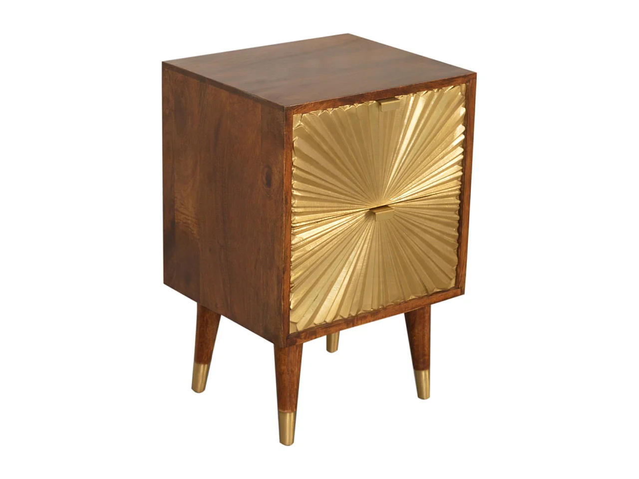 Stolik nocny Artisan Furniture Manilla Gold wykonany z litego drewna mango, z 2 szufladami i fornirem w kolorze mosiądzu, złota i brązu.