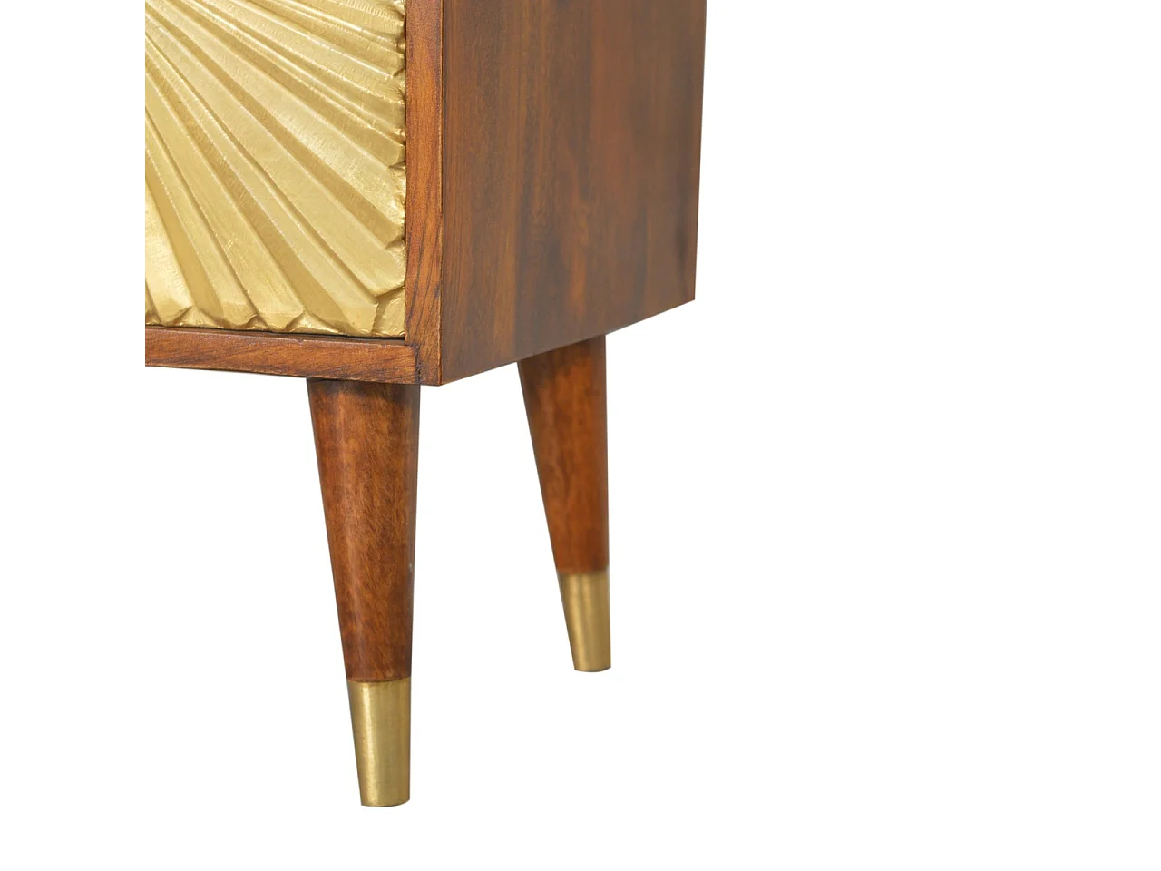 Stolik nocny Artisan Furniture Manilla Gold wykonany z litego drewna mango, z 2 szufladami i fornirem w kolorze mosiądzu, złota i brązu.